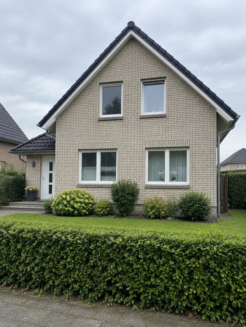 Beispielbild: Einfamilienhaus mit Klinkerfassade und Vorgarten